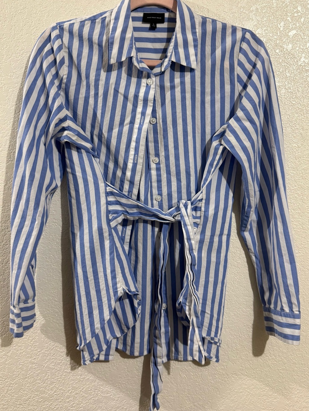 Who What Wear Blue and White Striped Button-Down Tie-Front Shirt